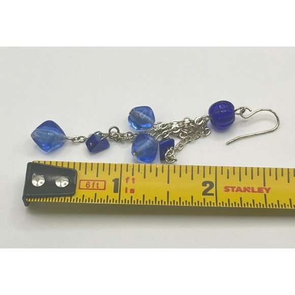 Blue Beaded Earrings Silver Tone Tassels Vintage Dangle - Picture 3 of 6